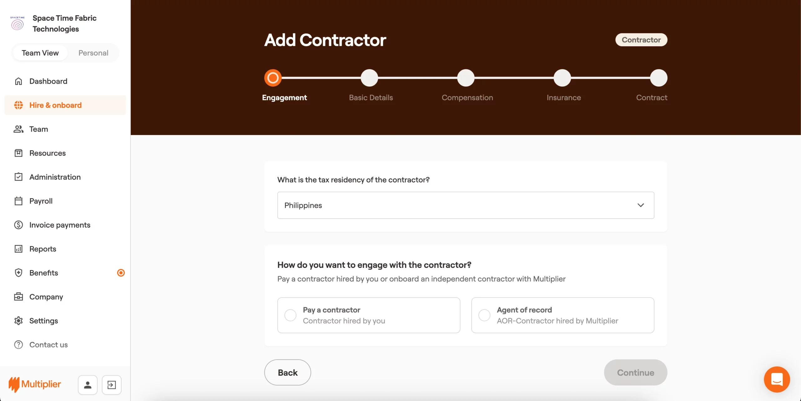 Contractor engagement for onboarding a contractor in the Philippines.